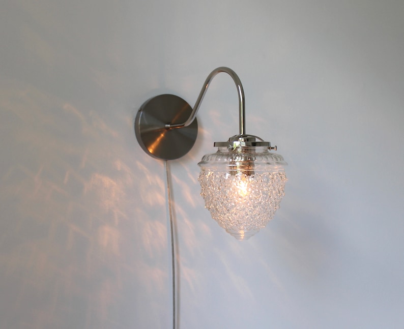 Wall Sconce Lamp, Chrome Finish, Acorn Shaped Textured Glass Globe Shade, Modern Gooseneck Wall Sconce Hanging Lighting Fixture image 8