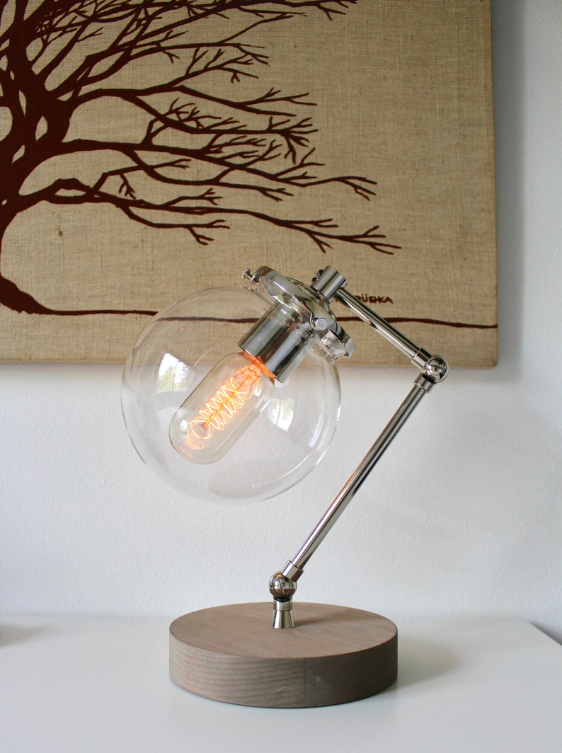 Table Lamp, Bubble Globe Desk Lamp, Nickel With Wood Base, Back To School Dorm Room Decor, Industrial Chrome Office Lighting Fixture image 9