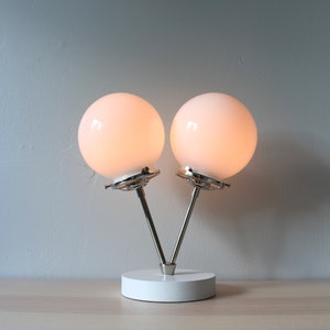 Siamese Twin Table Lamp, Industrial Desk Lamp, Polished Nickel, 2 Frosted White or Clear Glass Bubble Globes, Modern Lighting and Home Decor image 6