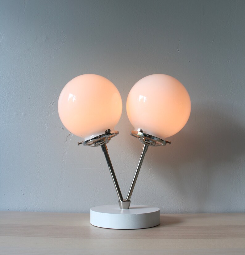 Siamese Twin Table Lamp, Industrial Desk Lamp, Polished Nickel, 2 Frosted White or Clear Glass Bubble Globes, Modern Lighting and Home Decor image 6