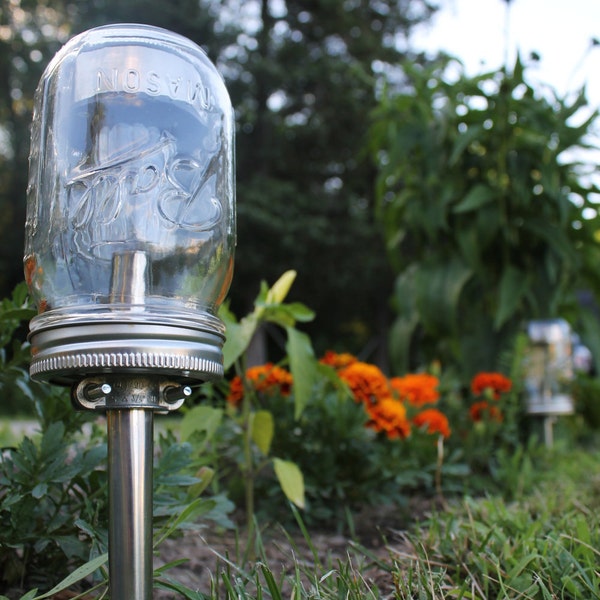 Solar Powered Mason Jar Lights - Eco Friendly Mason Jar Outdoor Path Light- Single Stainless Steel Accent - UpCycled BootsNGus Lamp Design