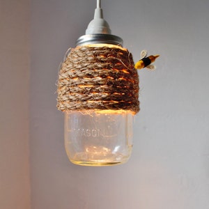 The Hive Mason Jar Pendant Lamp, Hanging Lighting Fixture With A Rope Wrapped Quart Jar, Rustic Handcrafted BootsNGus Lights & Home Decor image 2