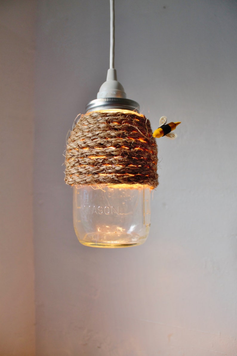 The Hive Mason Jar Pendant Lamp, Hanging Lighting Fixture With A Rope Wrapped Quart Jar, Rustic Handcrafted BootsNGus Lights & Home Decor image 2