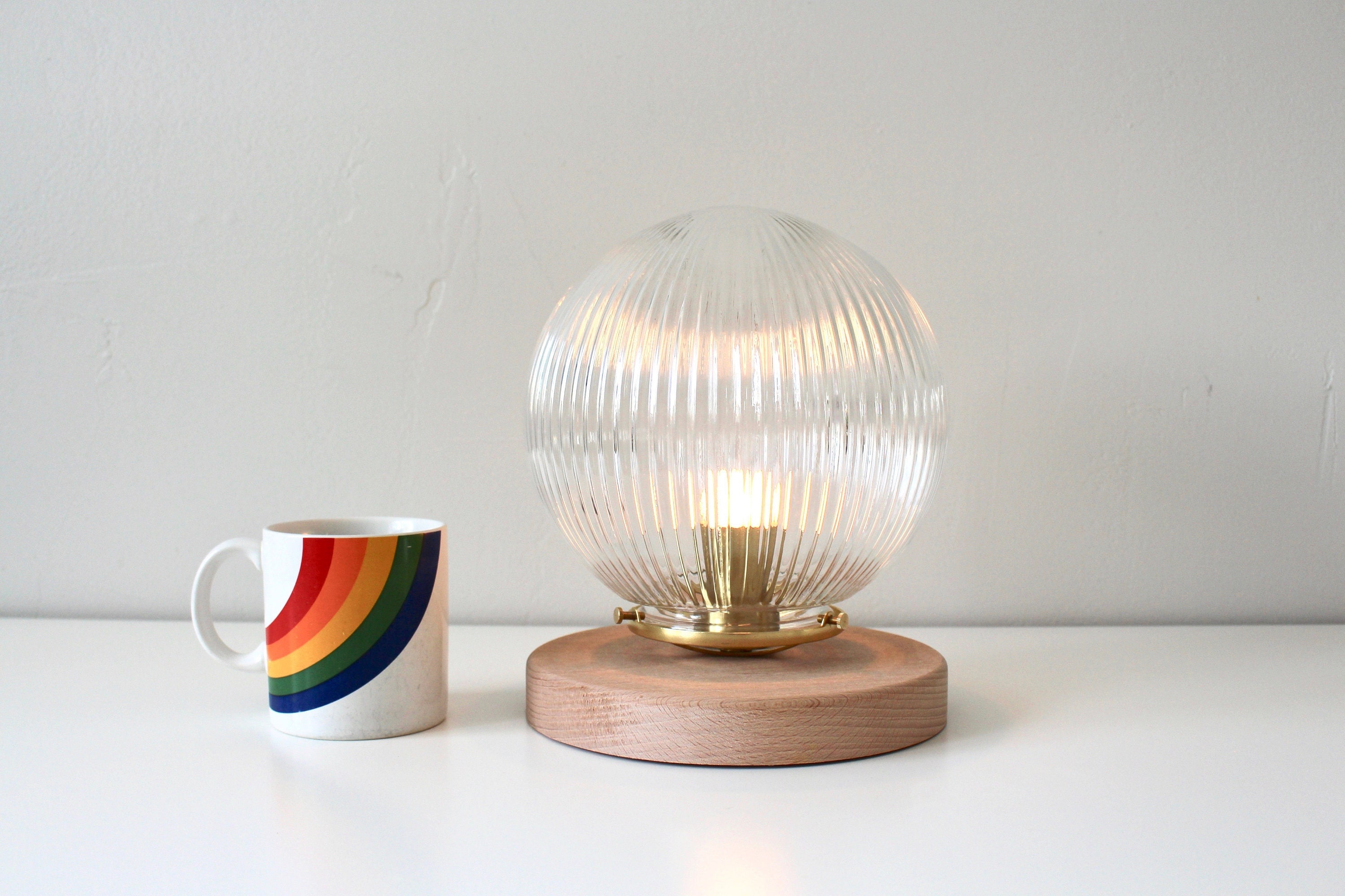 Bubble Lamp, Table Lamp with 8" Clear Ribbed Glass Globe Shade, Wooden Base, Brass Shade Holder, Mid Century Modern Desk Lighting Fixture