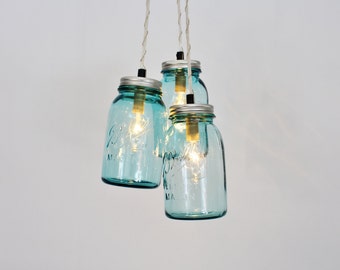 Mason Jar Chandelier Pendant Light, 3 Vintage Aqua Blue Mason Jars, BootsNGus Lighting and Home Decor, Light Bulbs Included