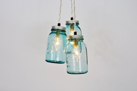Mason Jar Chandelier, Beach House Mason Jar Lighting Fixture, Blue and Clear Jars, Hanging Pendant Light, BootsNGus Lighting, Bulbs Included Mason Jar Chandelier, Beach House Mason Jar Lighting Fixture, Blue and Clear Jars, Hanging Pendant Light, BootsNGus Lighting, Bulbs Included