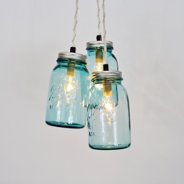 Mason Jar Chandelier Pendant Light, 3 Vintage Aqua Blue Mason Jars, BootsNGus Lighting and Home Decor, Light Bulbs Included