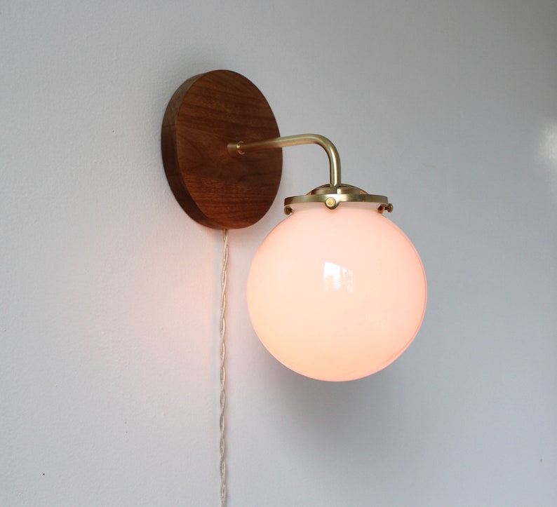Wall Sconce Lamp, Brass and Wood Modern Wall Mounted Lighting Fixture, Frosted White Glass Globe Shade, Wire-In Or Plug-In image 2