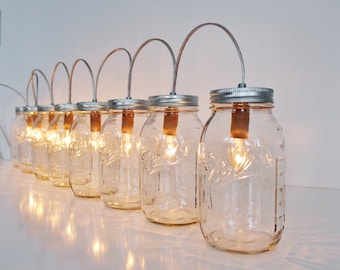 Mason Jar Lamp BANNER Style Lighting Fixture With 8 Clear Quart Jars - Upcycled Rustic Outdoor Wedding String Of Lights - BootsNGus Lamps