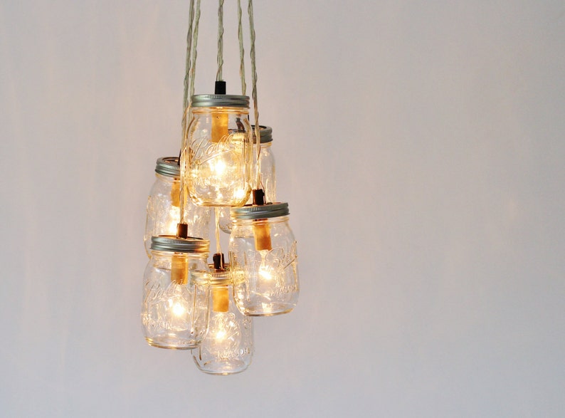 Mason Jar Cluster Chandelier, 6 Clear Mason Jars, Hanging Pendant Lamp Fixture, BootsNGus Rustic Lighting and Home Decor image 2
