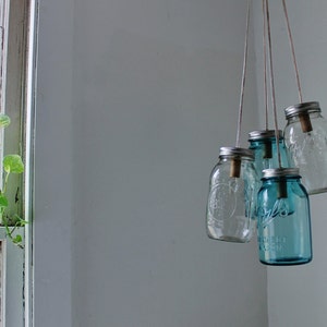 Mason Jar Chandelier, 4 Blue & Clear Quart Ball Jars, Mason Jar Pendants Lighting Fixture, Upcycled BootsNGus Lamp Design, Bulbs Included image 3