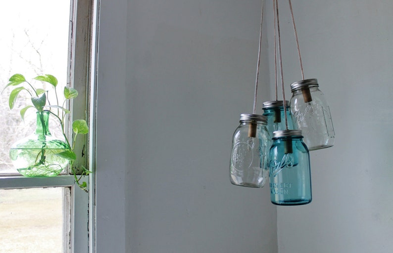 Mason Jar Chandelier, 4 Blue & Clear Quart Ball Jars, Mason Jar Pendants Lighting Fixture, Upcycled BootsNGus Lamp Design, Bulbs Included image 3