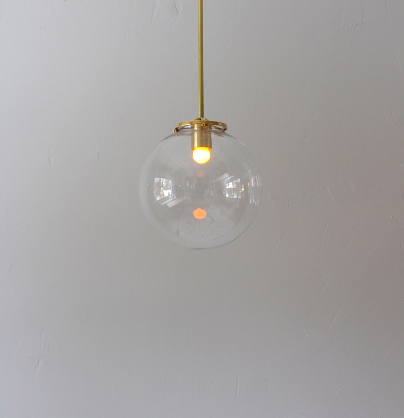 Large Bubble Pendant Light, 10 Clear Glass Globe Shade, Brass Finish, Single Mid Century Modern Hanging Pendant Lamp Lighting Fixture image 2
