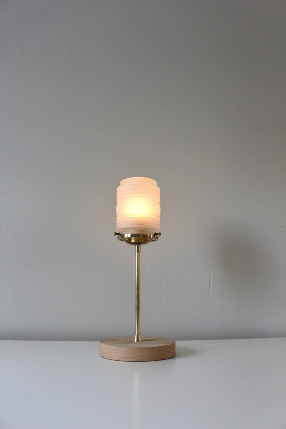 Brass Table Lamp Frosted Ribbed Jar Glass Shade Wooden Base 14
