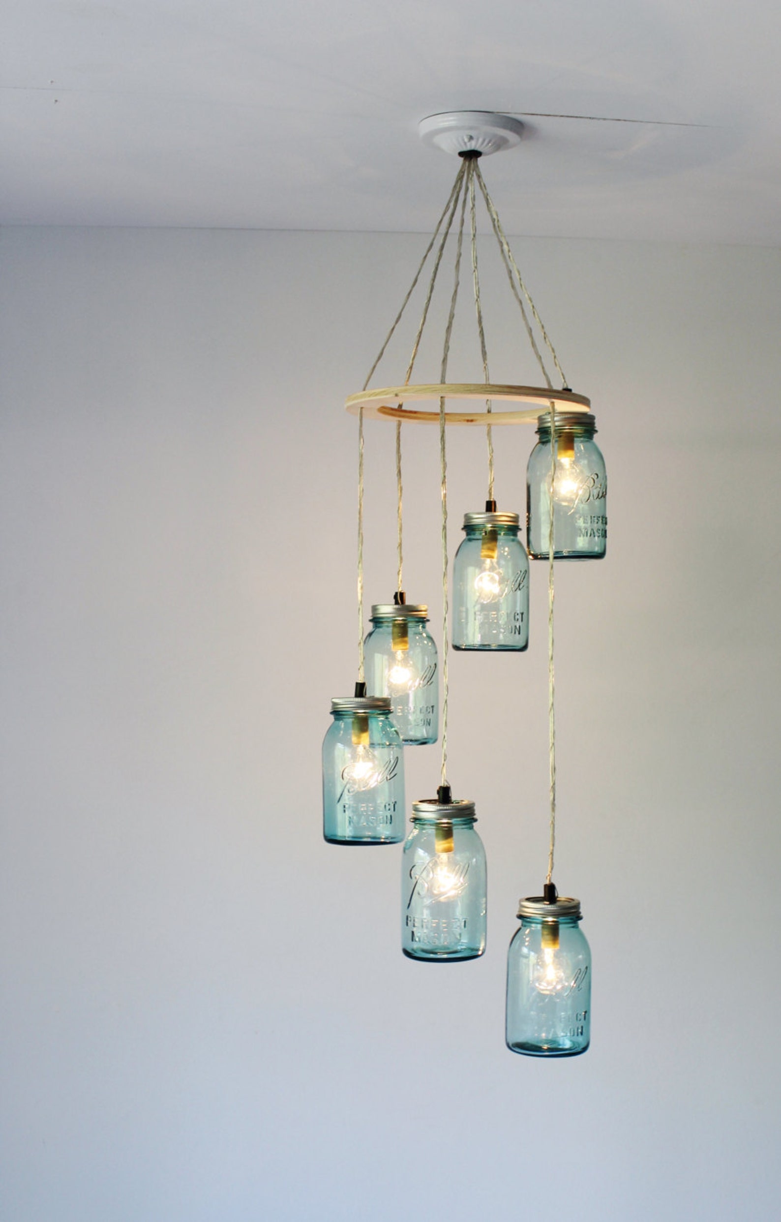 Mason Jar Chandelier 6 Antique Blue Mason Jar Pendant Lights Etsy