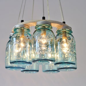 Mason Jar Chandelier, 7 Antique Aqua Blue Quart Ball Brand Jars, Rustic Hanging Pendant Lighting Fixture, Bulbs Included, Free Shipping