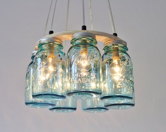 Mason Jar Chandelier, 7 Antique Aqua Blue Quart Ball Brand Jars, Rustic Hanging Pendant Lighting Fixture, Bulbs Included, Free Shipping