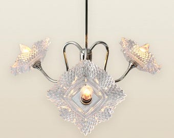 Ruffled Glass Chandelier, Polished Nickel Pendant Light, 3 Gooseneck Arms, Upcycled Vintage Clear Square Bowl Lamp Shades