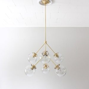 Sputnik Chandelier, Brass Pendant Lighting Fixture, 6 Clear Glass Bubble Globes, 6 Arms Mid Century Modern Kitchen Dining Room Chandelier image 4