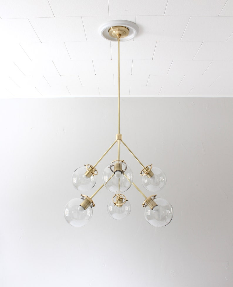 Sputnik Chandelier, Brass Pendant Lighting Fixture, 6 Clear Glass Bubble Globes, 6 Arms Mid Century Modern Kitchen Dining Room Chandelier image 4