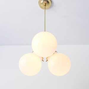 Brass Chandelier Pendant Light, Modern Industrial Hanging Ceiling Mount Lighting Fixture, 3 White Glass Bubble Globes, Free Shipping image 4