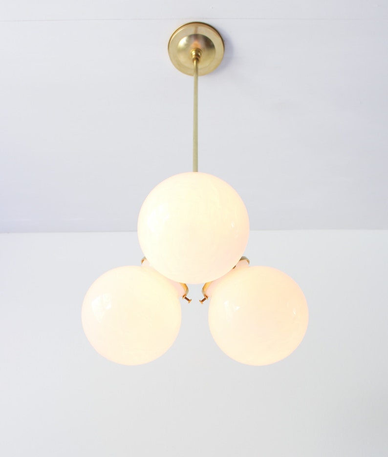 Brass Chandelier Pendant Light, Modern Industrial Hanging Ceiling Mount Lighting Fixture, 3 White Glass Bubble Globes, Free Shipping image 4