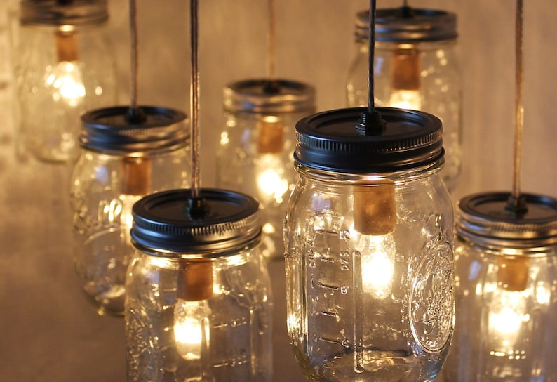 Mason Jar Chandelier, Large Rustic Mason Jar Pendant Lamp Lighting Fixture by BootsNGus, 10 Clear Ball Jars, Bulbs Included, Free Shipping image 2