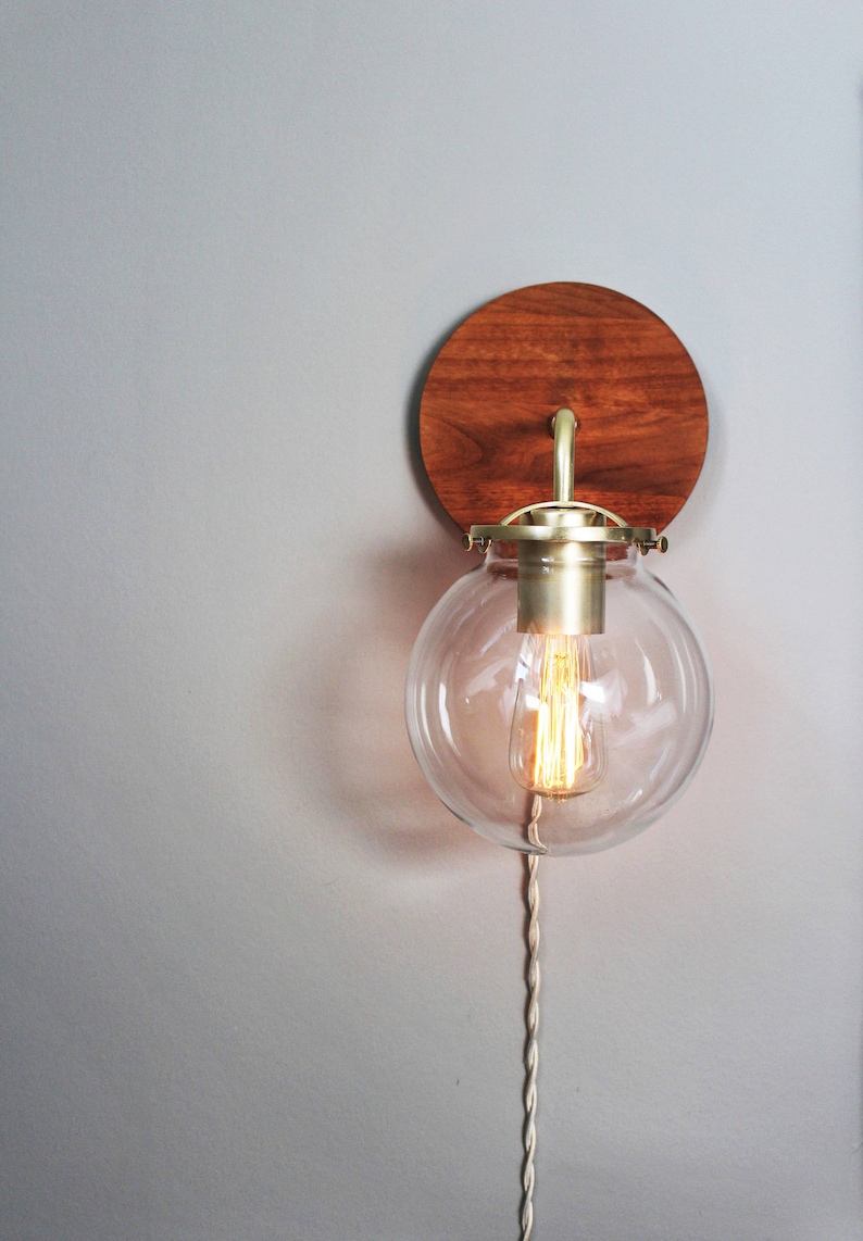 Wall Sconce Lamp, Bubble Globe Sconce Light, Brass and Wood Industrial Modern Lighting Fixture, Clear Glass Shade, Wire-In Or Plug-In image 6