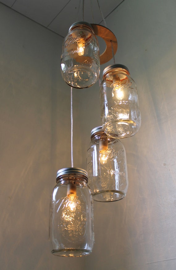 Mason Jar Chandelier Hanging Pendant Lighting Fixture 4 Quart Jars Spiral Rustic Bootsngus Decor Bulbs Included