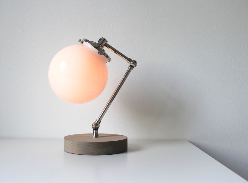 Table Lamp Bubble Globe Desk White Frosted Opal Glass With Wood Base Polished Nickel Finish Industrial Modern Office