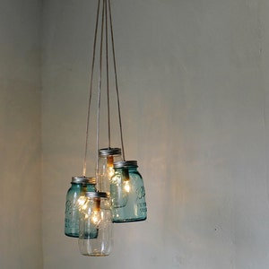 Mason Jar Chandelier, 4 Blue & Clear Quart Ball Jars, Mason Jar Pendants Lighting Fixture, Upcycled BootsNGus Lamp Design, Bulbs Included image 2