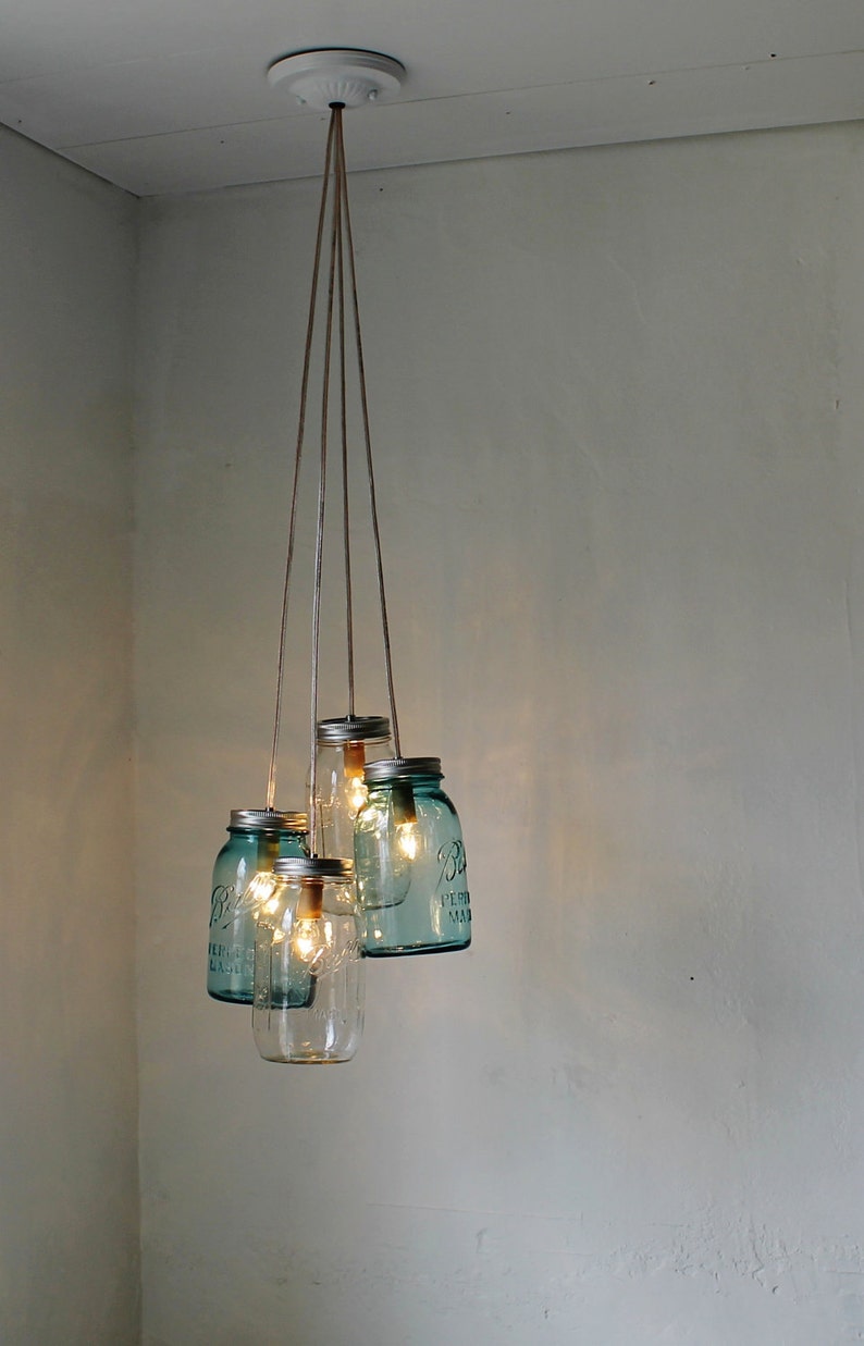 Mason Jar Chandelier, 4 Blue & Clear Quart Ball Jars, Mason Jar Pendants Lighting Fixture, Upcycled BootsNGus Lamp Design, Bulbs Included image 2