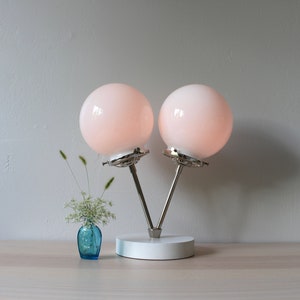 Siamese Twin Table Lamp, Industrial Desk Lamp, Polished Nickel, 2 Frosted White or Clear Glass Bubble Globes, Modern Lighting and Home Decor image 9