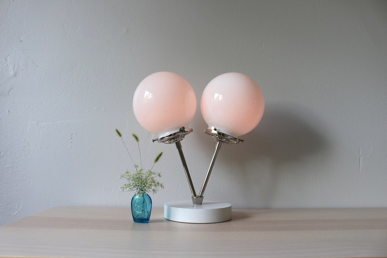 Siamese Twin Table Lamp, Industrial Desk Lamp, Polished Nickel, 2 Frosted White or Clear Glass Bubble Globes, Modern Lighting and Home Decor image 9