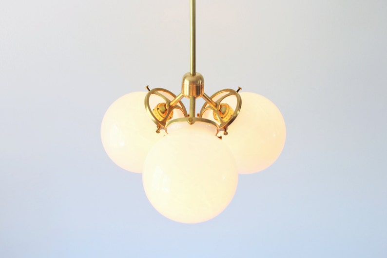 Brass Chandelier Pendant Light, Modern Industrial Hanging Ceiling Mount Lighting Fixture, 3 White Glass Bubble Globes, Free Shipping image 2