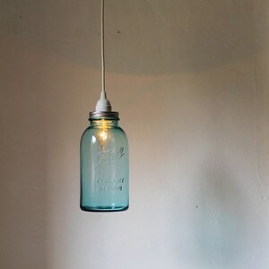 HALF GALLON Blue Mason Jar Pendant Lamp Featuring An Antique Ball Mason Jar Rustic Hanging Upcycled BootsNGus Lighting Fixture Lamp Design image 2