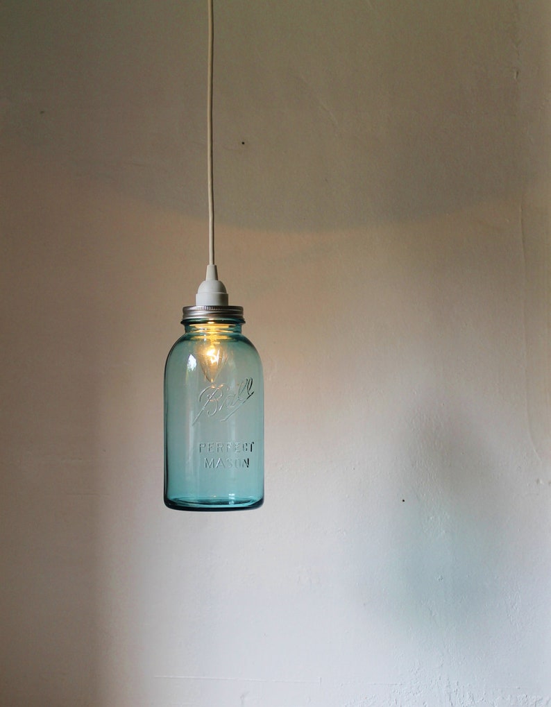 HALF GALLON Blue Mason Jar Pendant Lamp Featuring An Antique Ball Mason Jar Rustic Hanging Upcycled BootsNGus Lighting Fixture Lamp Design image 2