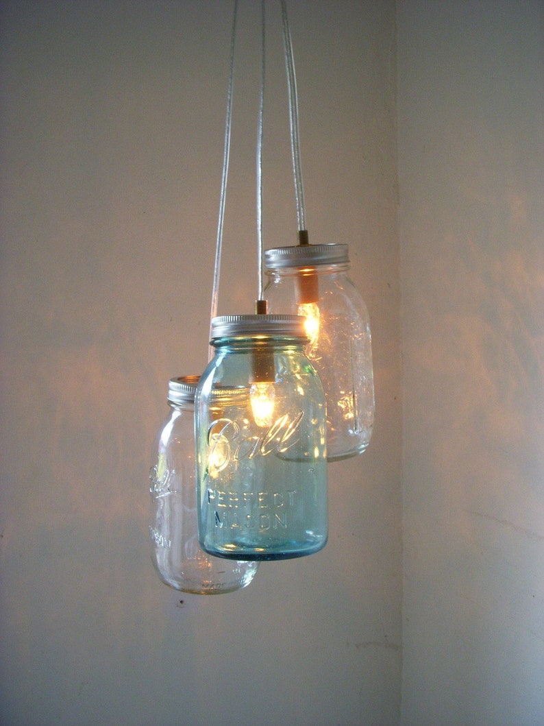 Mason Jar Chandelier, Mason Jar Pendant Lighting Fixture, 3 Clear and Blue Jars, Rustic Hanging Mason Jar Lighting Pendants, Bulbs Included image 1