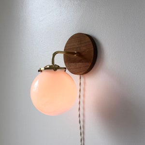 Wall Sconce Lamp, Brass and Wood Modern Wall Mounted Lighting Fixture, Frosted White Glass Globe Shade, Wire-In Or Plug-In image 3