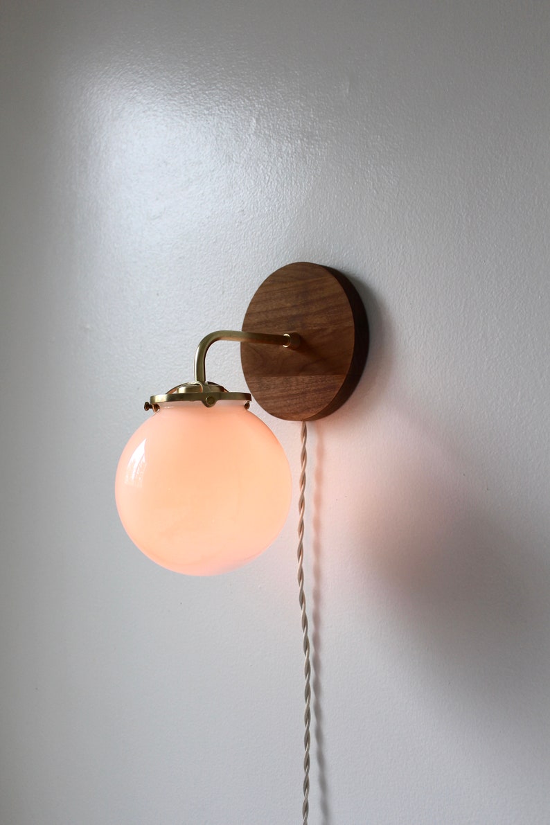 Wall Sconce Lamp, Brass and Wood Modern Wall Mounted Lighting Fixture, Frosted White Glass Globe Shade, Wire-In Or Plug-In image 3