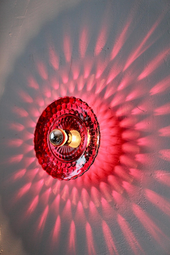 Ruby Red Flush Mount Wall Sconce Lamp, Wire In or Plug In, Bulb Included
