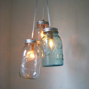 Mason Jar Chandelier, Mason Jar Pendant Lighting Fixture, 3 Clear and Blue Jars, Rustic Hanging Mason Jar Lighting Pendants, Bulbs Included image 4