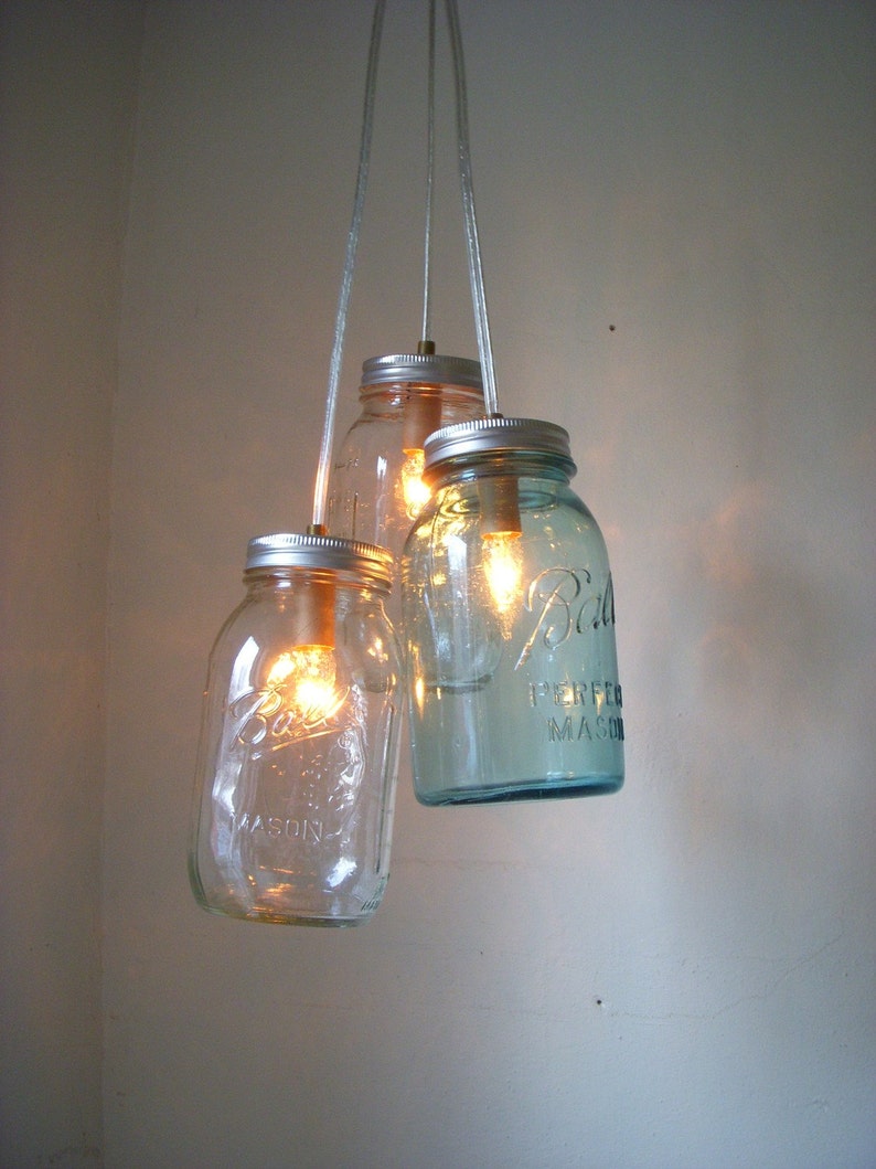 Mason Jar Chandelier, Mason Jar Pendant Lighting Fixture, 3 Clear and Blue Jars, Rustic Hanging Mason Jar Lighting Pendants, Bulbs Included image 4