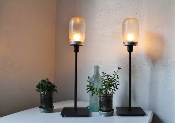 2 Frosted Mason Jar Table Desk Lamps Upcycled Lighting Etsy