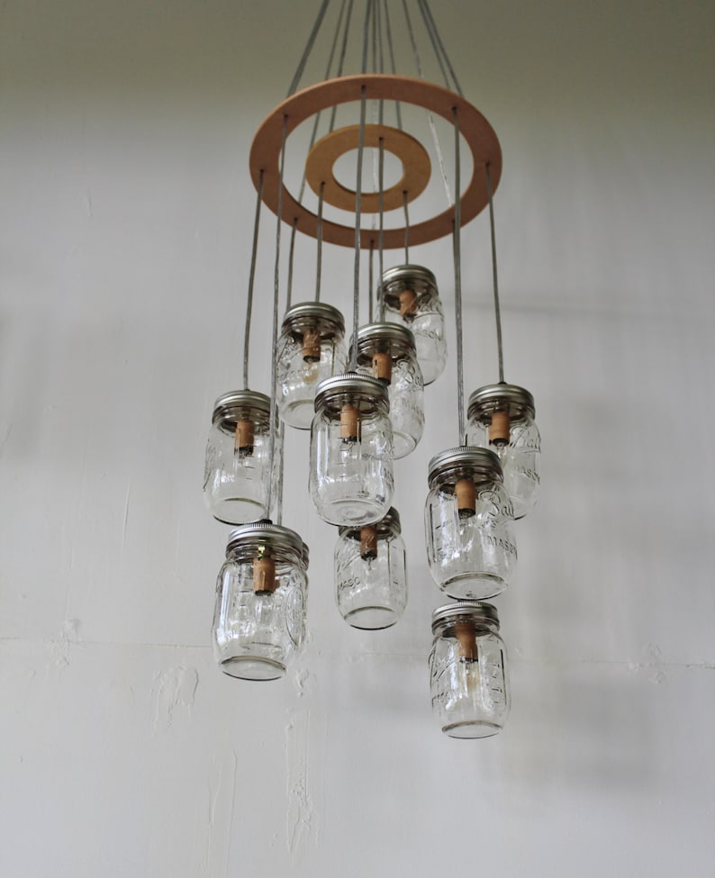 Mason Jar Chandelier, Rustic Hanging Pendant Lighting Fixture, 11 Clear Jars Cluster, Modern BootsNGus Lighting & Home Decor, Bulbs Included image 5