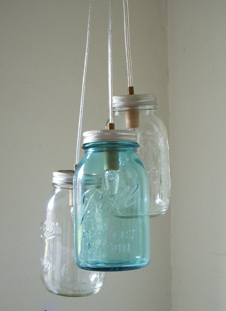 Mason Jar Chandelier, Mason Jar Pendant Lighting Fixture, 3 Clear and Blue Jars, Rustic Hanging Mason Jar Lighting Pendants, Bulbs Included image 5