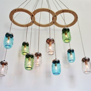 Mason Jar Chandelier, Kitchen Island Dining Table Pendant Lights, Large Hanging Lighting Fixture, Clear Blue & Green Jars, Bulbs Included image 4