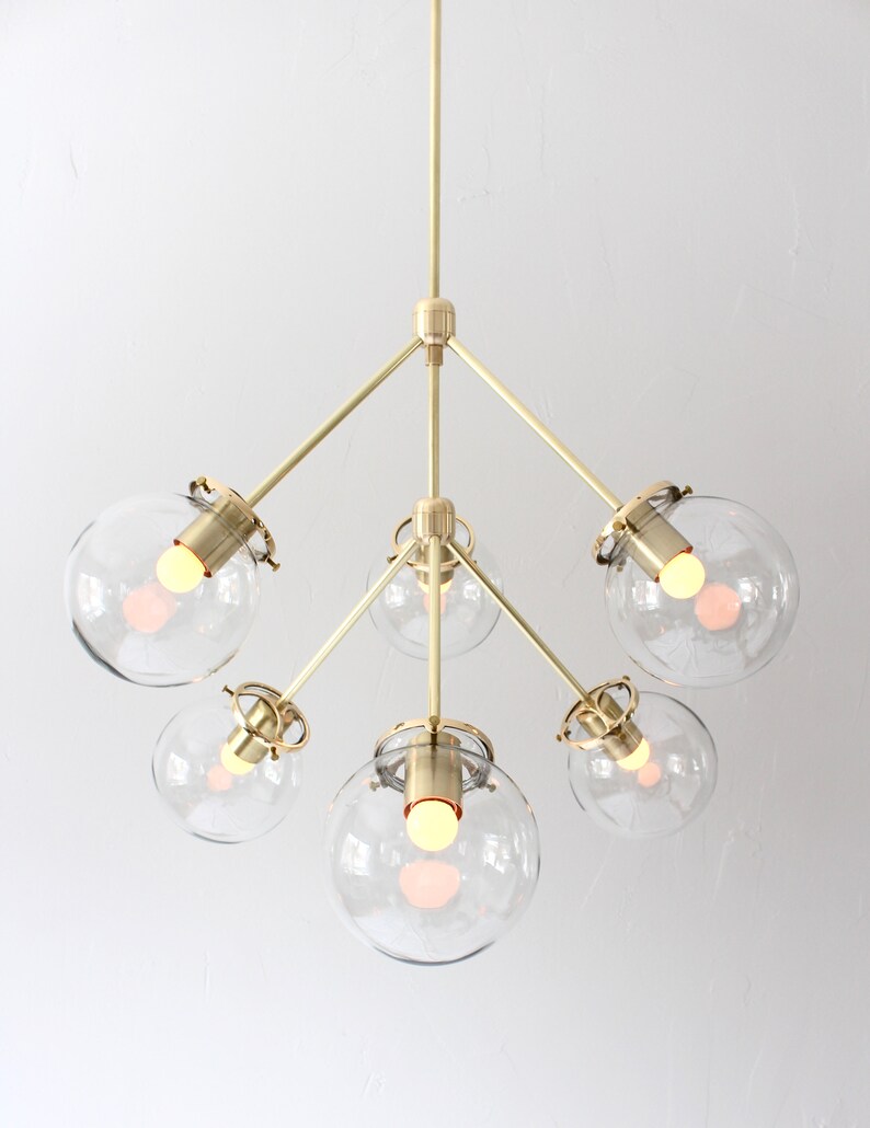 Sputnik Chandelier, Brass Pendant Lighting Fixture, 6 Clear Glass Bubble Globes, 6 Arms Mid Century Modern Kitchen Dining Room Chandelier image 5