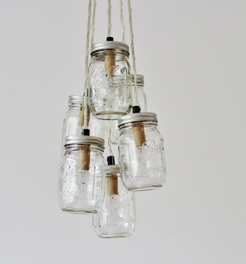 Mason Jar Cluster Chandelier, 6 Clear Mason Jars, Hanging Pendant Lamp Fixture, BootsNGus Rustic Lighting and Home Decor image 4