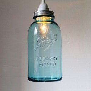 HALF GALLON Blue Mason Jar Pendant Lamp Featuring An Antique Ball Mason Jar Rustic Hanging Upcycled BootsNGus Lighting Fixture Lamp Design image 3